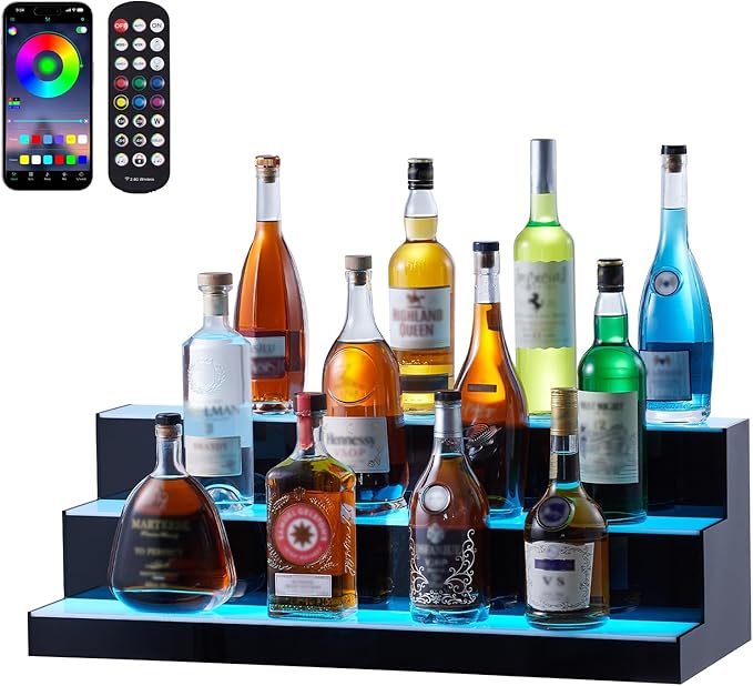 VEVOR LED Lighted Liquor Bottle Display, 3 Tiers 30 Inches, Supports USB, Illuminated Home Bar Shelf with RF Remote & App Control 7 Static Colors 1-4 H Timing, Acrylic Lighted Shelf for 24 Bottles