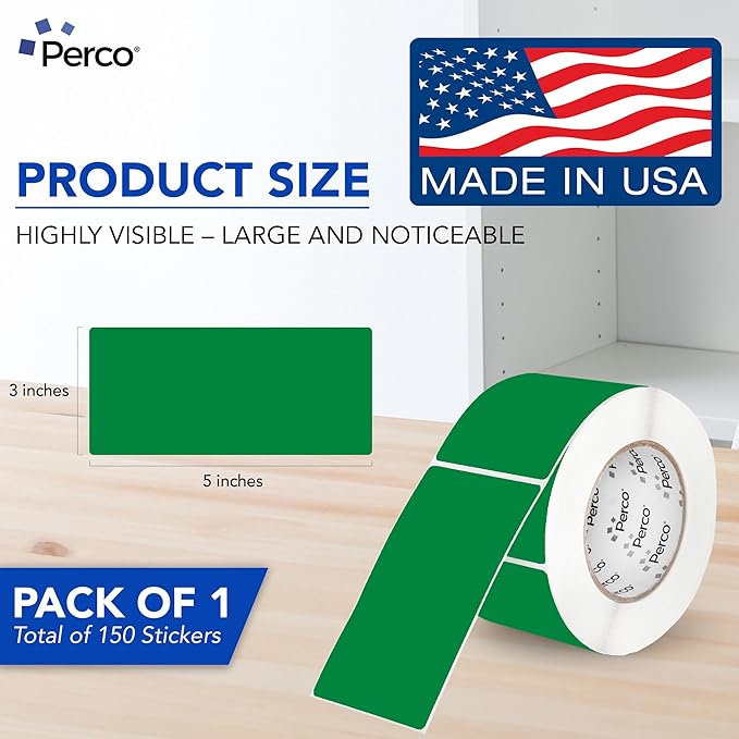 Perco Green 3x5 Inch Perforated Sticker Labels — 150 Stickers Per Roll — with Permanent Adhesive for Inventory Management, Color Coding, Moving Boxes, Retail, Organizing, Crafting & More — Made in USA