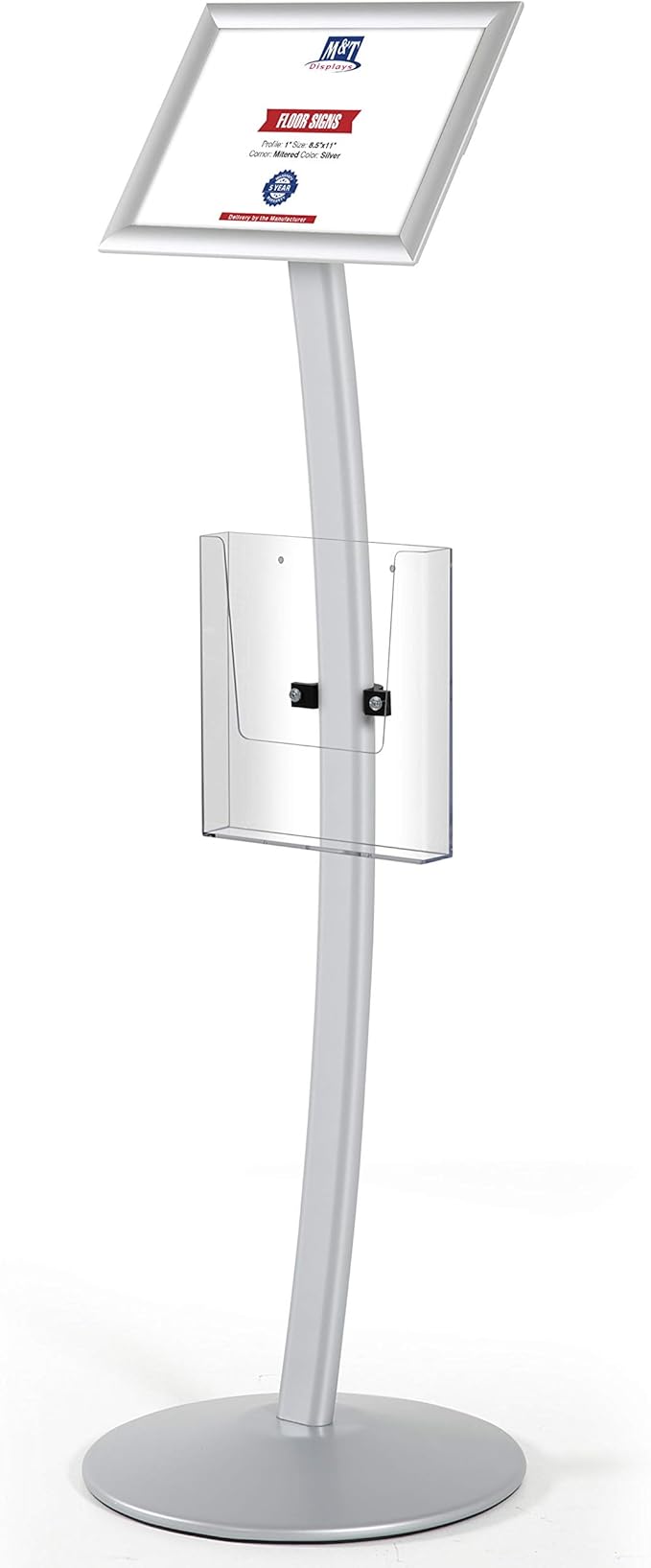 M&T Displays Curved Menu Board, 8.5x11 Inch Pedestal Sign Holder with 8.5x11 Inch Brochure Holder Silver Floor Standing Aluminum Front Loading Easy Open Poster Message Advertisement Post