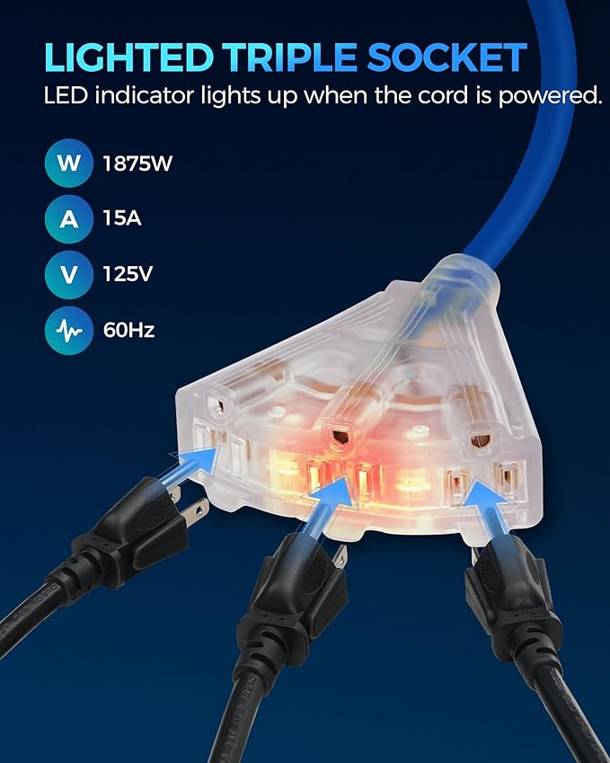 Retractable Extension Cord Reel, 40 FT Heavy Duty Power Cord, 12AWG/3C SJTOW, 3 Grounded Outlets Lighted Triple Tap, 15 Amp Circuit Breaker, UL Listed, Blue U40CR06