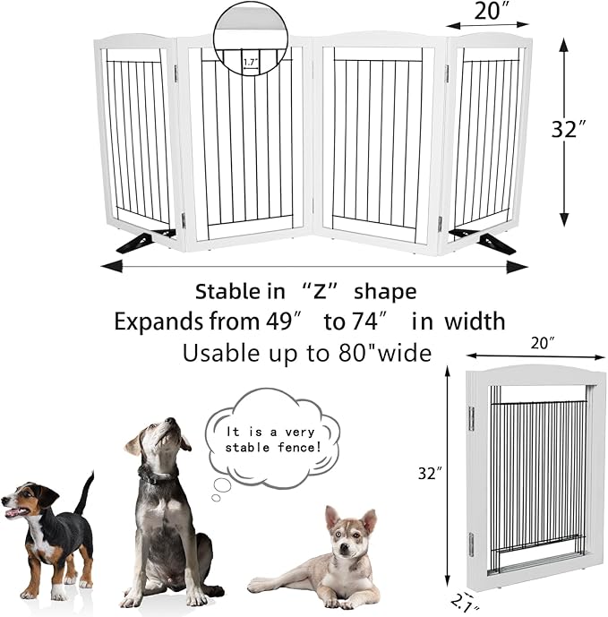 Dog Fence Indoor - 4-Panel Freestanding Dog Gate for Doorways, Hallways, House or Stairs -80x32-Inch Retractable Foldable Expandable Wood Pet by SFJC (White)