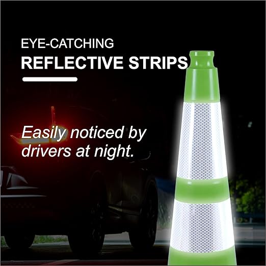 28 inch Traffic Safety Cones Road Cones, Construction Cone with Rubber Base & Reflective Collars, Restorable Parking Cones, Heavy Duty Road Cones for Traffic Control & Road Safty(Green-8 Pack）