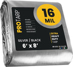 PROTARP Extra Heavy Duty 16 Mil Tarp Cover, Waterproof, UV Resistant, Rip and Tear Proof, Poly Tarpaulin with Reinforced Edges for Roof, Camping, Patio, Pool, Boat. (Silver/Black 6′ X 8′)