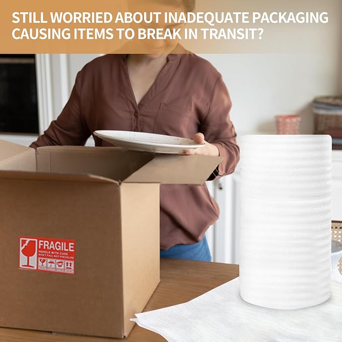 XYH Packing Foam Rolls,15 "Wide X 160' Length Foam Wrap Rolls, Moving, Shipping, Glasses, China, Dishes, Stuffing of Carton, with 60 Pcs Fragile Stickers.