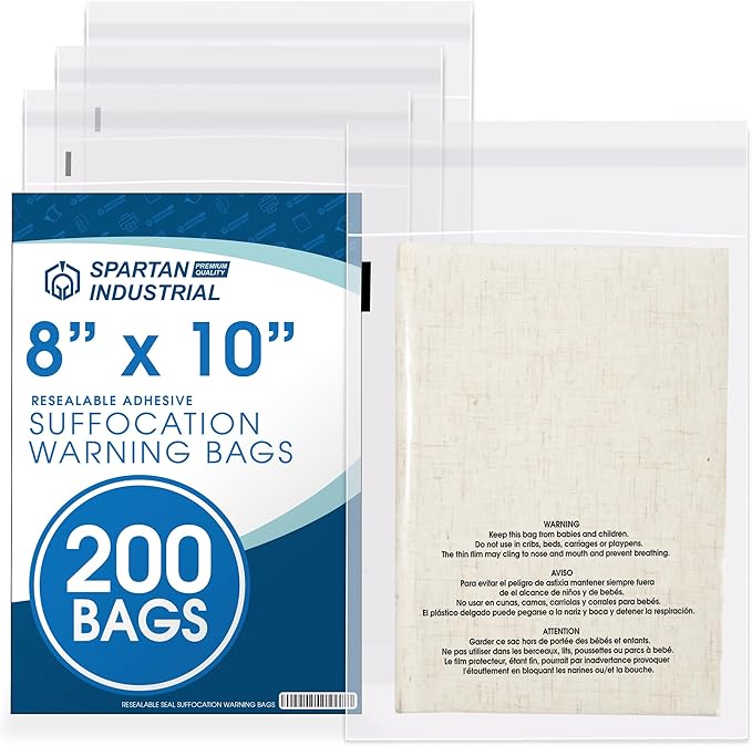 Spartan Industrial - 8” X 10” (200 Count) Self Seal Clear Poly Bags with Suffocation Warning for Packaging, T Shirts - Resealable Glue