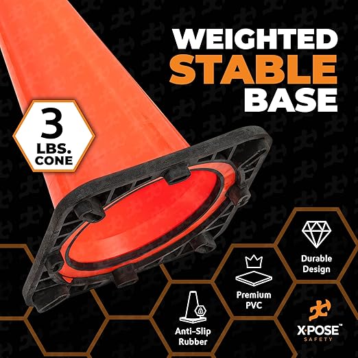 Xpose Safety 18 Inch Orange Traffic Cones, 48-Pack - Multipurpose PVC Plastic Safety Cone for Parking, Soccer, Caution, Kids and Construction - DOT Approved