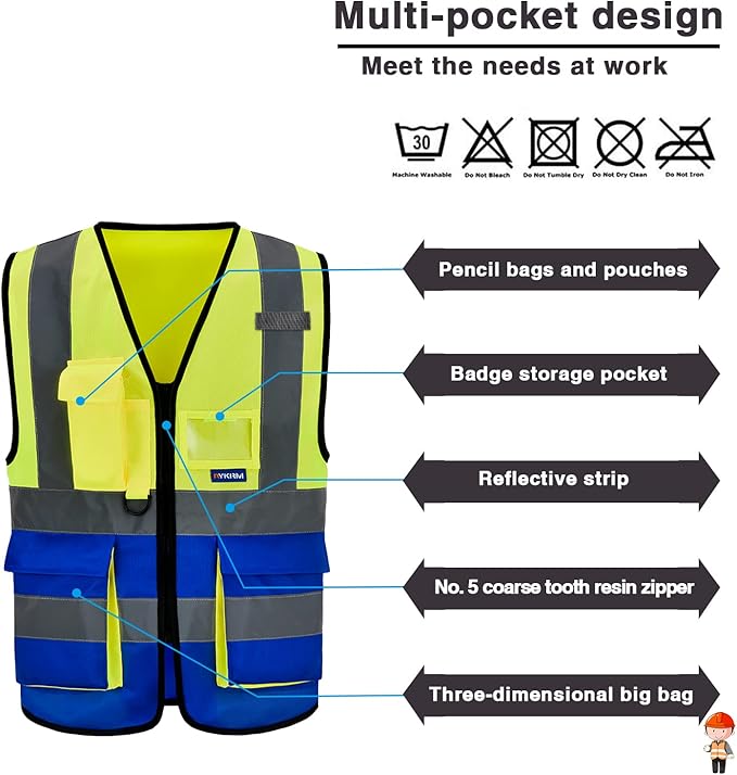 A-SAFETY Reflective Safety Vest, Hi Vis 9 Pockets High Visibility Zipper Front Safety Vest, Yellow&Blue Color Mixed, L