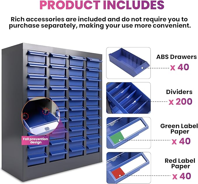 40 Drawers 21x9x25 Inch Bolt and Nut Organizer, Stainless Steel Parts Cabinet with Shelfs & Labels Bolt and Nut Tool Storage Cabinet for Workshop Tool & Hardware Storage and Organization