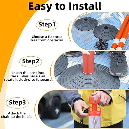 6 Pack 39 Inch Red Traffic Delineator Posts with 2 White Reflective Collars, Safety Posts Cones with 6.6 Feet Chains and 14 Inch Rubber Base for Road Safety,Parking Lot (Red)