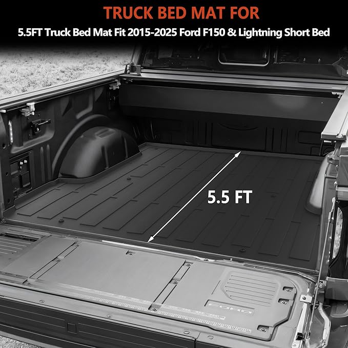 KARPAL Truck Bed Mat Fit 2015-2025 Ford F150 & Lightning 5.5FT Bed (Not Fit 6.5FT/8FT Bed) All Weather TPE Custom Fit F150 Accessories Pickup Cargo Mat