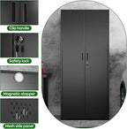 71.37" H Broom Closet Storage Cabinet with Towel Hangles and Adjustable Shelves,Metal Tool Cabinets with Pegboard and Hooks for Garage Laundry Room Home Office,Required Assembly,Black