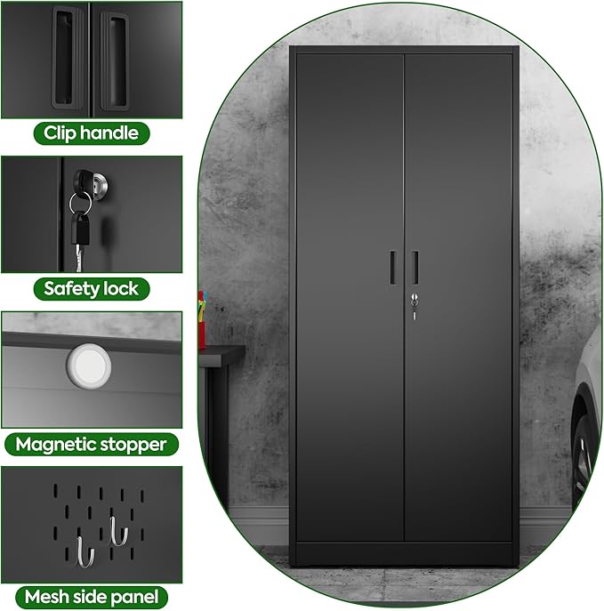 Broom Closet Storage Cabinet with 5 Pegboard, Hanging Rod &13 Hooks, Utility Metal Garage Storage Cabinets with Doors and 4 Shelves for Garage Home Office, Black,71.4" H x 31.5" W x 15.7" D