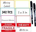 5" x 3" Large Moving Labels for Home Packing Box Label with Writable Notes Areas, 6 Color Coded Border Label + Fragile Moving Stickers + Heavy Blank Labels + 2 Permanent Markers. Permanent Adhesion