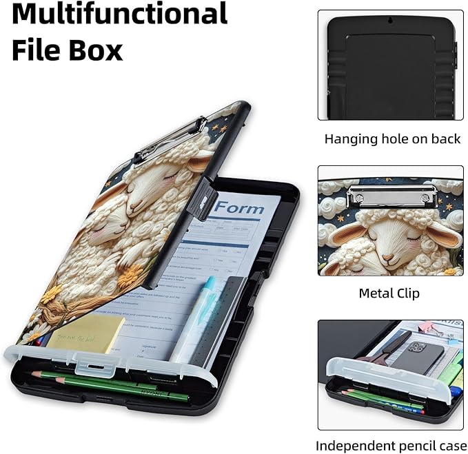 Clipboard with Storage Box & Pen Holder,Heavy Duty Clip Boards 8.5x11 for Nursing,High Capacity,School & Office Supplies,Sheep Dreams