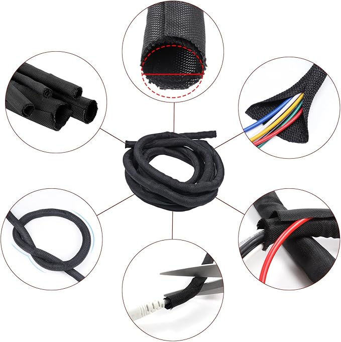 Black Braided Cable Management Sleeves Wire Loom Tubing Cord Protector Self-Wrapping (3/8"-12Feet)
