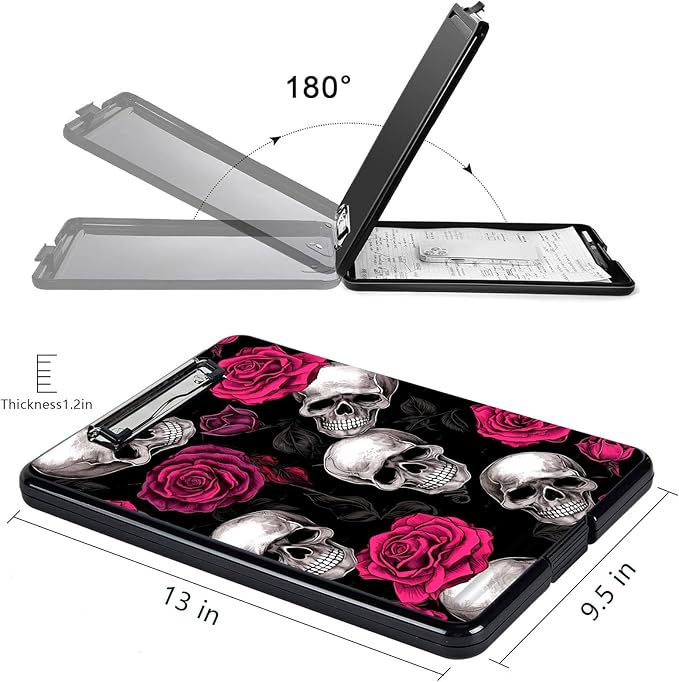 Clipboard with Storage, High Capacity Plastic Storage Clipboard with Low Profile Clip for Women Teachers Work, School & Office Supplies, Cute Pattern Decorative Clipboards, Skull Rose