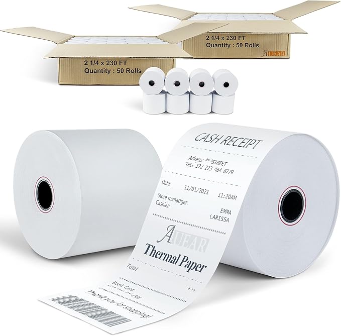 AUEAR, Thermal Cash Register POS Paper Rolls, 2 1/4" x 230' - BPA Free (100 Pack)