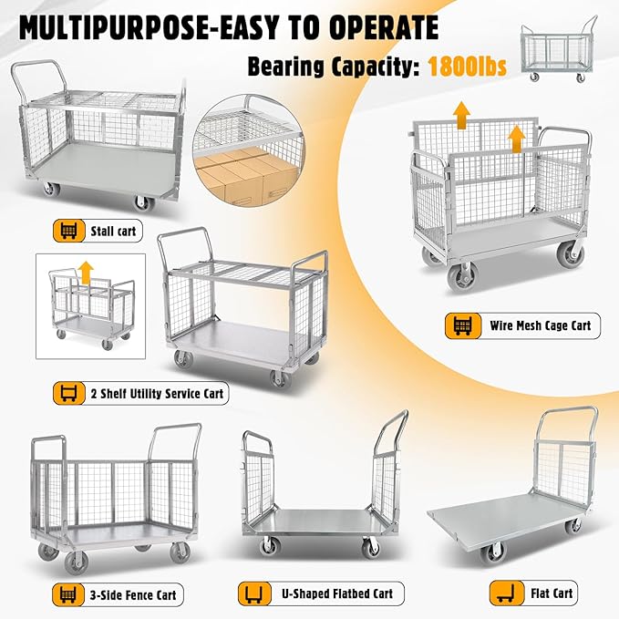 Platform Truck Cart with Cage, 6-in-1 Flatbed Utility Carts, Foldable Heavy Duty Push Cart Dolly W/Swivel Wheel, Rmovable Side, 1800lbs Capacity, 39"x24" Hand Truck for Groceries, Garage, Warehouse