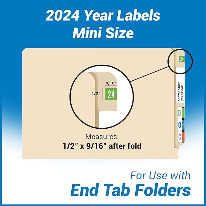 2024 Small Year Labels, Doctor Stuff 2024 Chart Stickers, Light Green Color Coded, Tab Products Style, USA Made Year Stickers for End Tab File Folders, 500/Roll, 1 Roll, 1/2" x 1-1/8"