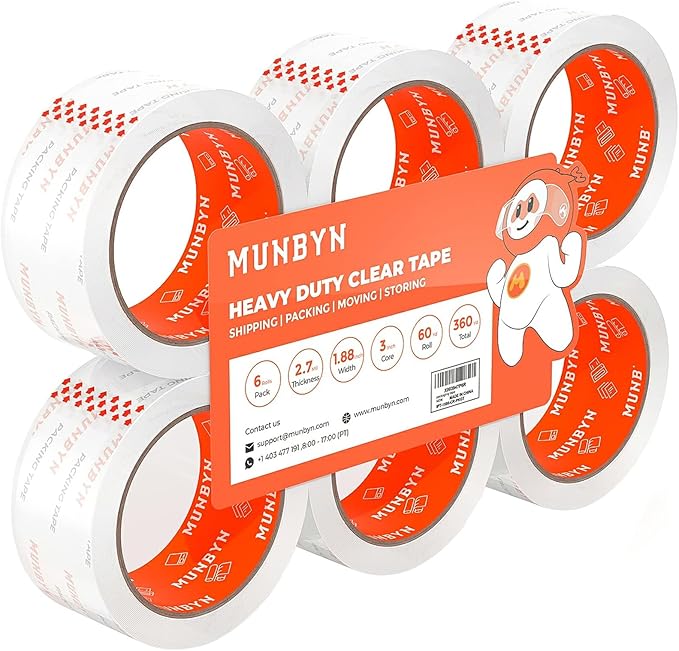 MUNBYN Heavy Duty Packing Tape,6 Rolls Clear Packing Tape for Moving Boxes and Packaging Supplies,1.88" x 60 Yards Per Roll,2.7 mil,Moving Packaging Shipping, Office & Storage