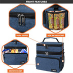 opux Insulated Lunch Bag for Men Women, Large Dual Compartment Cooler Bag, Soft Two Deck Lunch Box for Work School Picnic, Leakproof Lunch Tote with Shoulder Strap for Kid Adult (Navy, Double Deck)