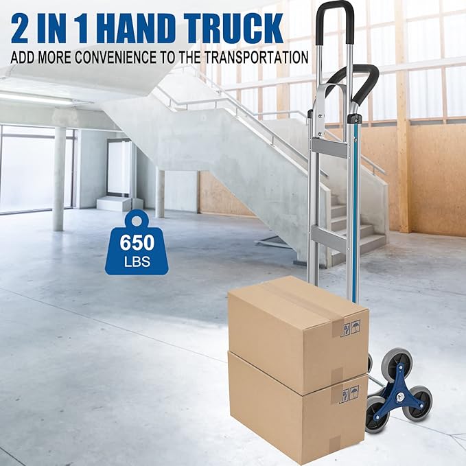 2 in 1 Aluminum Hand Truck 650 lb Capacity, Heavy Duty Stair Climbing Cart with 6 Wheels, Convertible Hand Truck and Dolly with Loop Handle