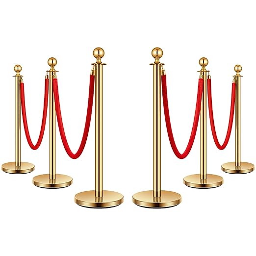 VIVOHOME Stainless Steel Stanchion Post Queue 6PCS Pole w/ 4 Red Velvet Ropes, Crowd Control Barriers w/Fillable Base for High-end Venues, Museums, Party Supplies (6 Pieces, Golden)