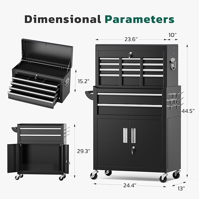 Greenvelly 8-Drawer Rolling Tool Chest, Metal Tool Chest with Wheels, Tool Cabinet with Detachable Top Tool Box, Metal Tool Cart with Liner & Hooks for Garage, Workshop, Warehouse (Black)