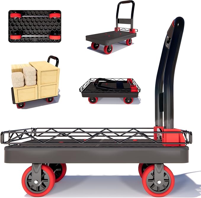 2IN1 Heavy Duty Platform Trucks Flatbed Carts, Push Cart Dolly 1760lbs Capacity Hand Trucks w/Detachable Solid Steel Wire Fence, 36×24 Collapsible Cage Cart Dolly, 5-Inch Silent TPR Wheels