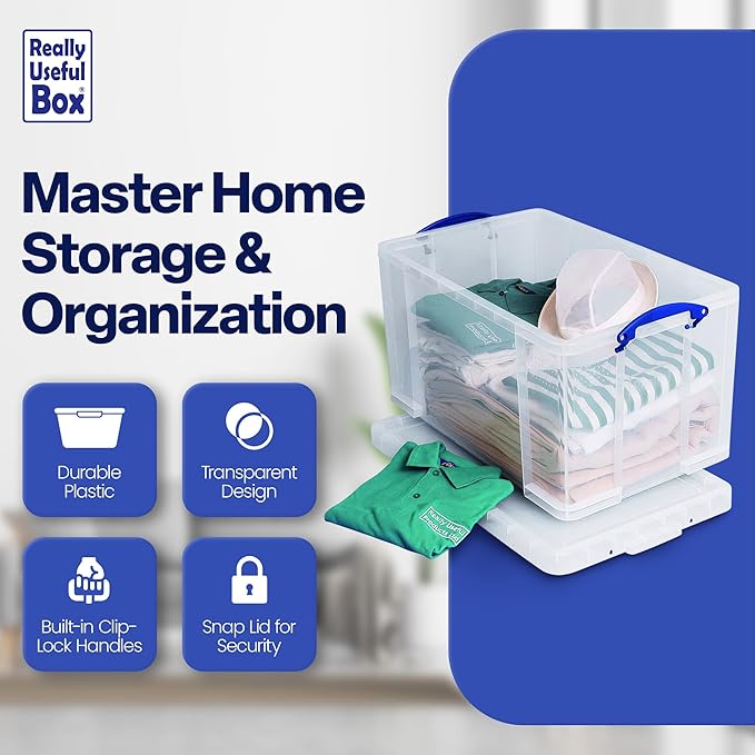 Really Useful Box 84 Liters Storage Container with Snap Lid and Clip Lock Handle for Lidded Home and Item Storage Bins, 2 Pack, Clear