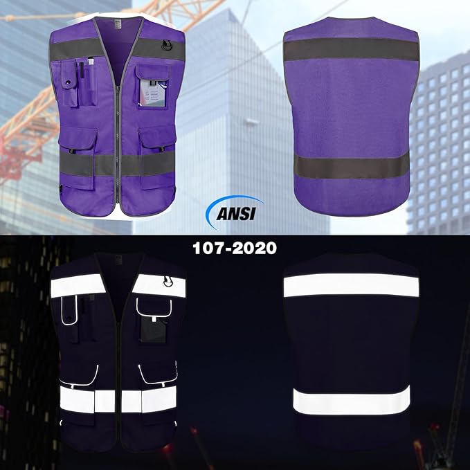 TCCFCCT Safety Vest 9 Pockets High Visibility Reflective Safety Vest for Men Women, Hi Vis Work Vest with Reinforced Sewing, Durable to Use, Meets ANSI/ISEA Standards, (Purple, 3X-Large)