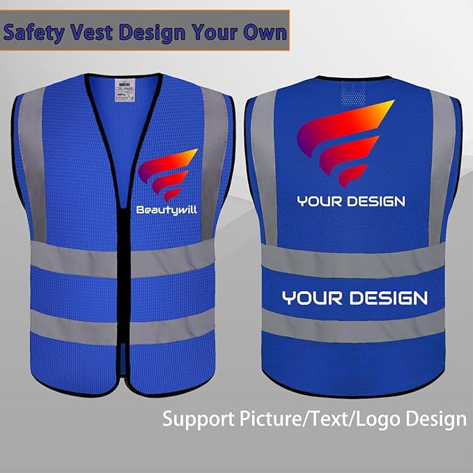 BeautyWill Custom Safety Vest Customized Logo Class 2 High Visibility Reflective Vest with Pockets Construction workwear