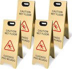 4 Pack Stainless Steel Wet Floor Sign, 24 Inch Caution Wet Floor Sign Portable Foldable Bilingual Safety Warning for Hotel Market Restroom Restaurant Office (Gold)