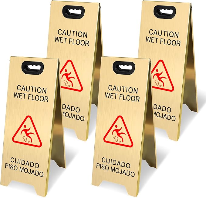 4 Pack Stainless Steel Wet Floor Sign, 24 Inch Caution Wet Floor Sign Portable Foldable Bilingual Safety Warning for Hotel Market Restroom Restaurant Office (Gold)