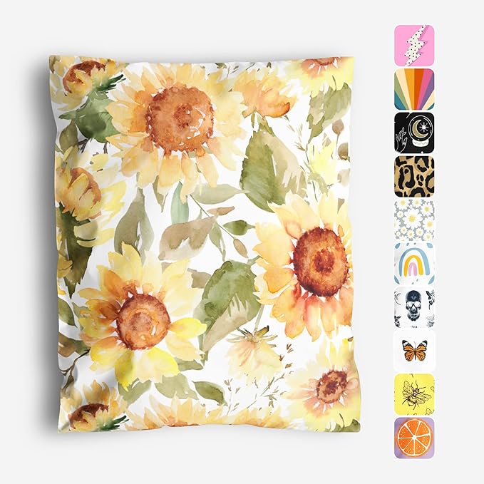 10x13 Poly Mailers – Sunflowers – Waterproof, Tear-Resistant Shipping Bags with Adhesive Seal – 100 Pack – Package Mint