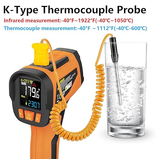 -40℉ to 1922℉ TEMIRUP Infrared Thermometer Temperature Gun with Thermocouple Probe, 30:1 Pyrometer High Temp Thermometer for Cooking Oven, Engine, Kiln, Forging, Industrial, Adjustable Emissivity