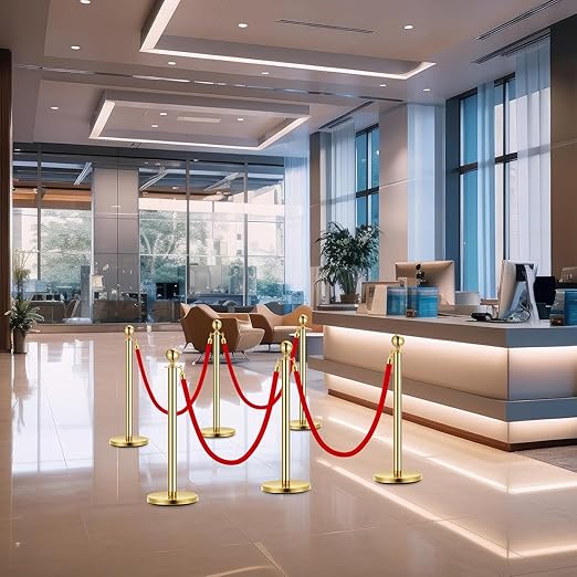 4PCS Gold Stanchion Post, 5 Ft Red Velvet Rope Stainless Steel Crowd Control Barriers Used for Theaters Parties Wedding Museums Exhibition