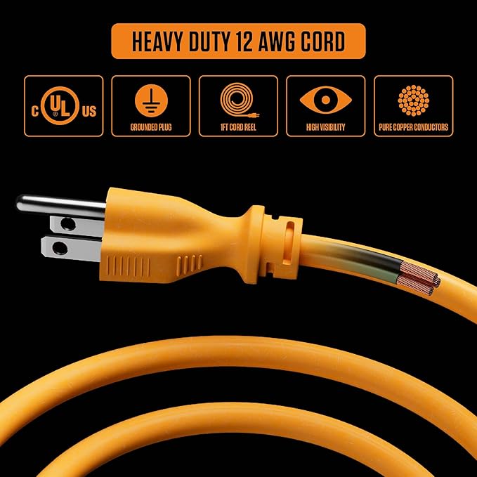 Masterplug 1ft Cord Reel, Metal Cable Drum, Retractable Extension Lead with Winding Handle, Safety Overload Circuit Breaker and Power Switch, 4x Grounded Outlets, 15amps, 12AWG Cable
