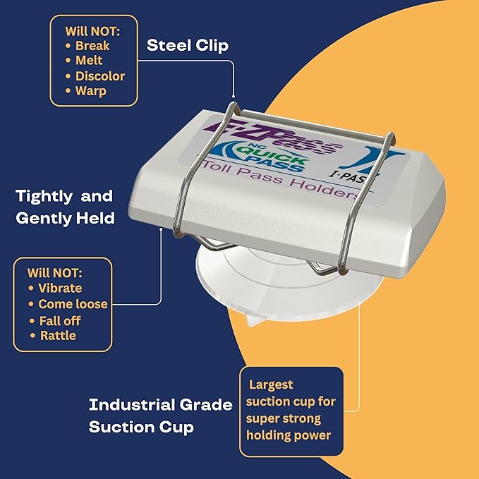 Indestructible Toll Pass Holder with Largest Suction Cup for EZ-Pass, I Pass, FasTrak, SunPass & SunPass Pro, Uni, NC QuickPass, EPass Xtra, 91 Express Lanes & More - Made in USA