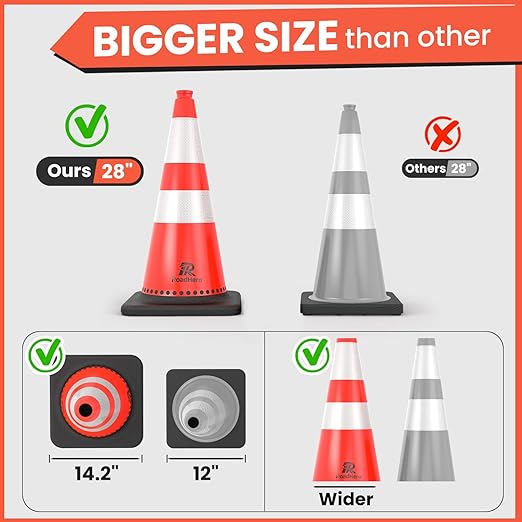 RoadHero 8 Pack Traffic Safety Cones 28 Inch with Black Weighted Base, Orange Cones with Reflective Collars for Parking Lot, Road Safety, Construction Events