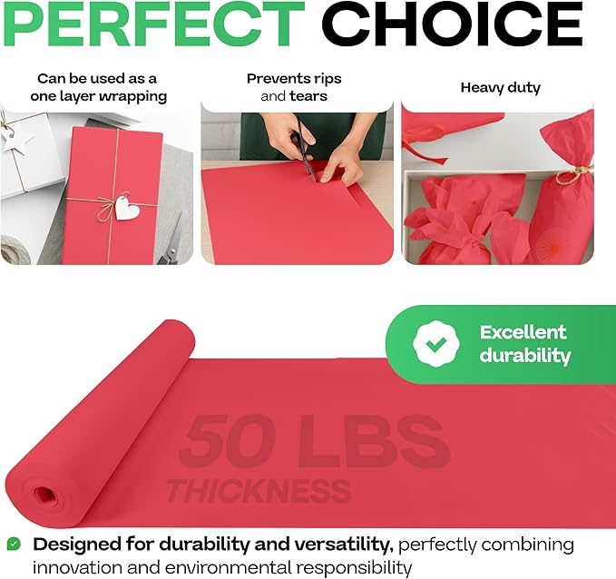 Christmas Red Kraft Paper Roll 48" x 1200" (100 feet) with Cutter - USA-Made Gift Wrapping Paper for Packing, Moving, Shipping & Crafts/Arts - 100% Recyclable Natural Craft Material by IDL Packaging