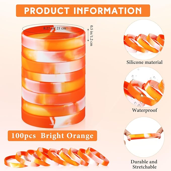 Liliful 100 Pcs Silicone Rubber Wristbands Rubber Wristband Bracelet Bands for Silicone Wristbands for Women Men(Orange and White)