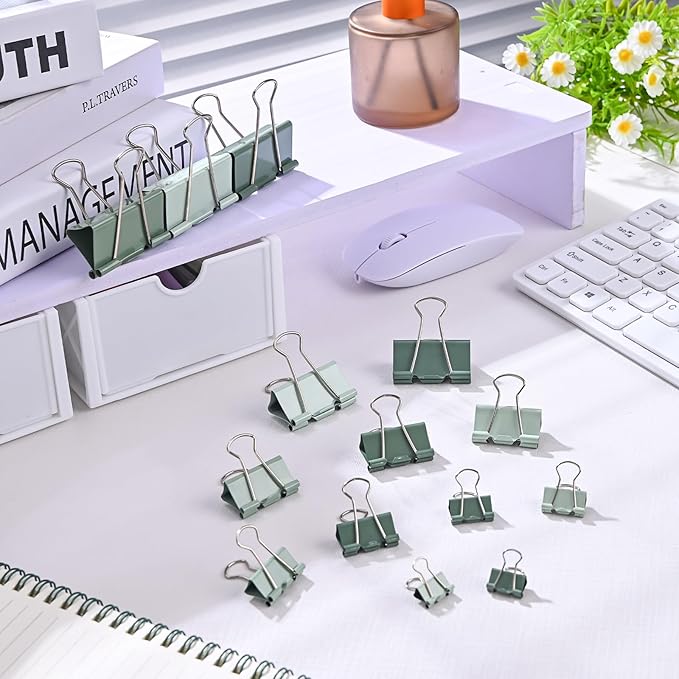 Temiary 208 Pcs Metal Binder Clips, Assorted Sizes Extra Large, Large, Medium, Small, Mini, Micro Binder Paperwork Clip, Morandi Colored Paper Clamps Bulk for Office, Home, School (Green)
