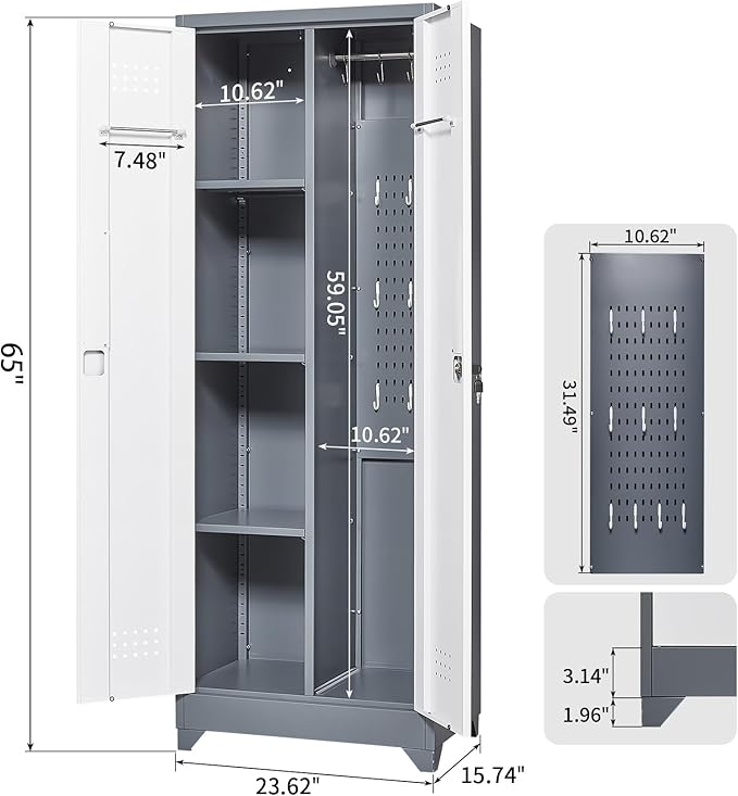 FLEXIMOUNTS 65'' Tall Metal Storage Cabinet with Locking Door, Large Cleaning Tool Organizer for Brooms, Garage, Laundry Room, Bathroom, Grey-White