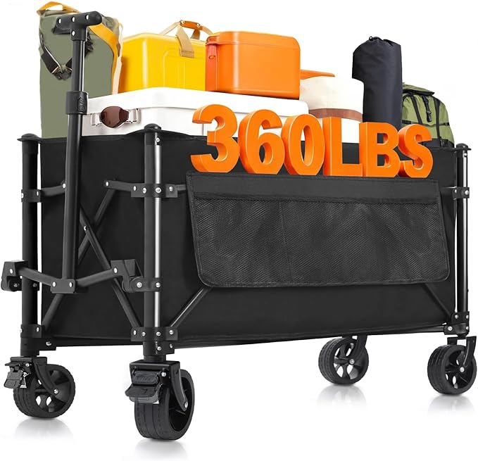 Favoyard Collapsible Wagon Carts Foldable 150L & 360LBS Portable Folding Wagons with All-Terrain Wheels & Brakes Heavy Duty Outdoor Utility Cart for Grocery Camping Shopping Sports Garden, Black