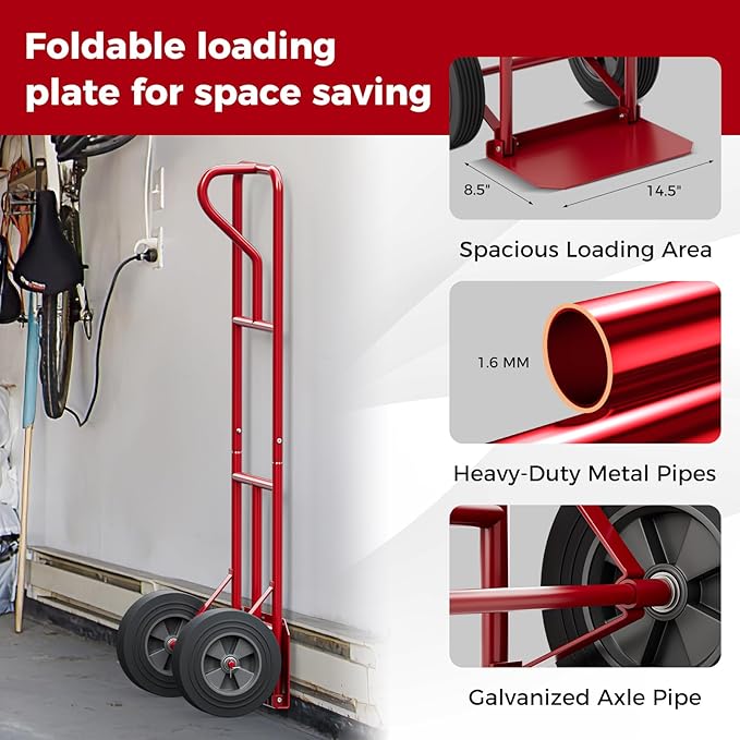 Goplus Hand Truck, P-Handle Hand Truck Dolly w/770LBS Capacity, Vertical Loop Handle, 10” Rubber Wheels, 14.5”x 8.5” Foldable Nose Plate, Heavy Duty Metal Dolly Cart for Lifting, Stairs