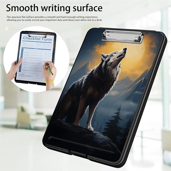 Clipboard with Storage,Office Supplies Nursing Clipboards Folder with Pen Holder Plastic Foldable Clip Board with Storage for Nurse Teacher,Wolf with Full Moon