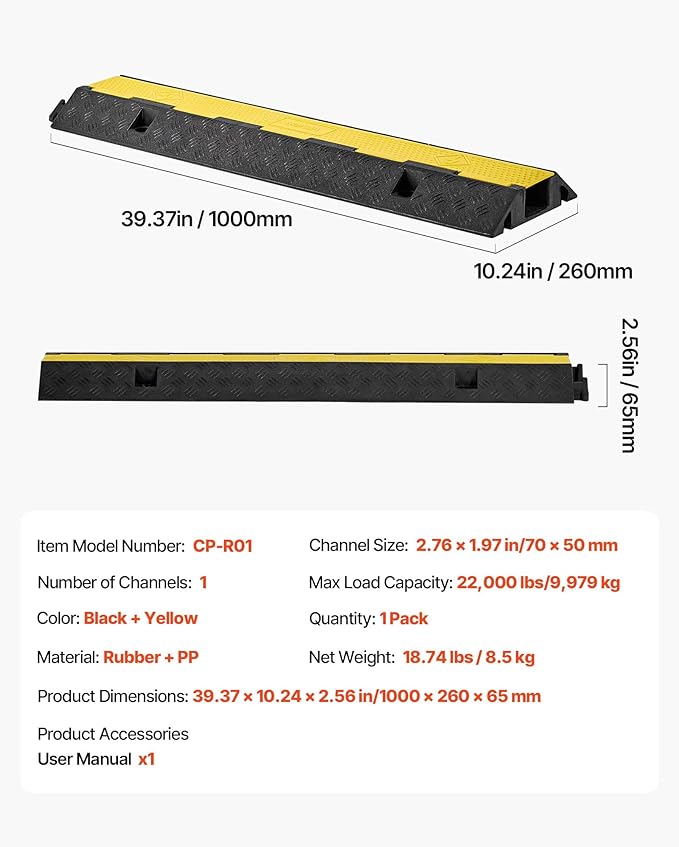 VEVOR Cable Protector Ramp, 1 Channel Heavy Duty 39.37'' Rubber Cord Hose Wire Cover, 2.76''W x 1.97''H Channel Size, Traffic Speed Bump with Flip-Open Top Cover, for Indoor Outdoor Use