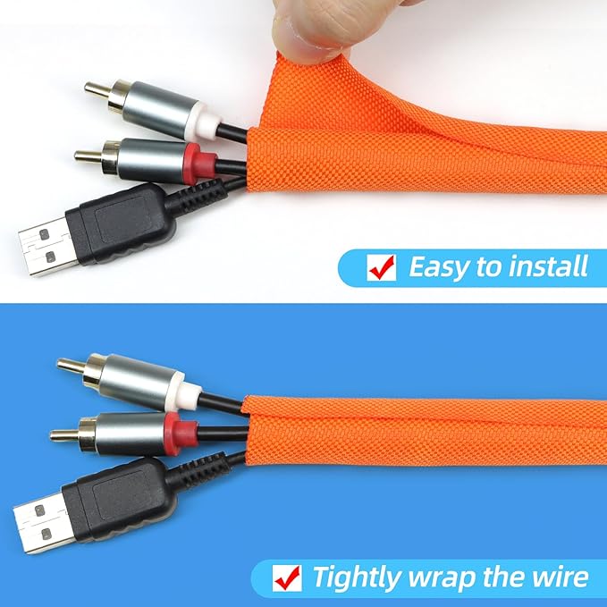 Automotive Wire Loom Tubing, Split Braided Cord Protectors from Pets No Chew, Flexible Cable Sleeve Cable Management for TV/Computer/Electric Wires (Orange, 5/8"-10ft)