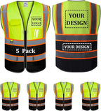 Custom Mesh Safety Vest 5 Pack Customized Logo Class 2 High Visibility Reflective Vest with Pockets Construction workwear （Yellow Black，XXL ）